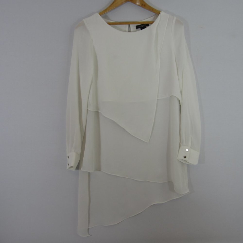 White House Black Market Womens 6 White LS Tunic Blouse Asymmetric Shirt S